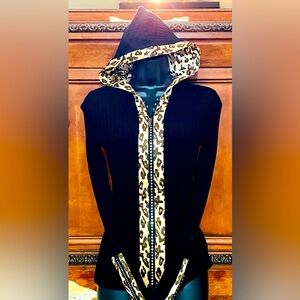 Belldini black/leopard piped zipup shirt/jacket embellished with rhinestones